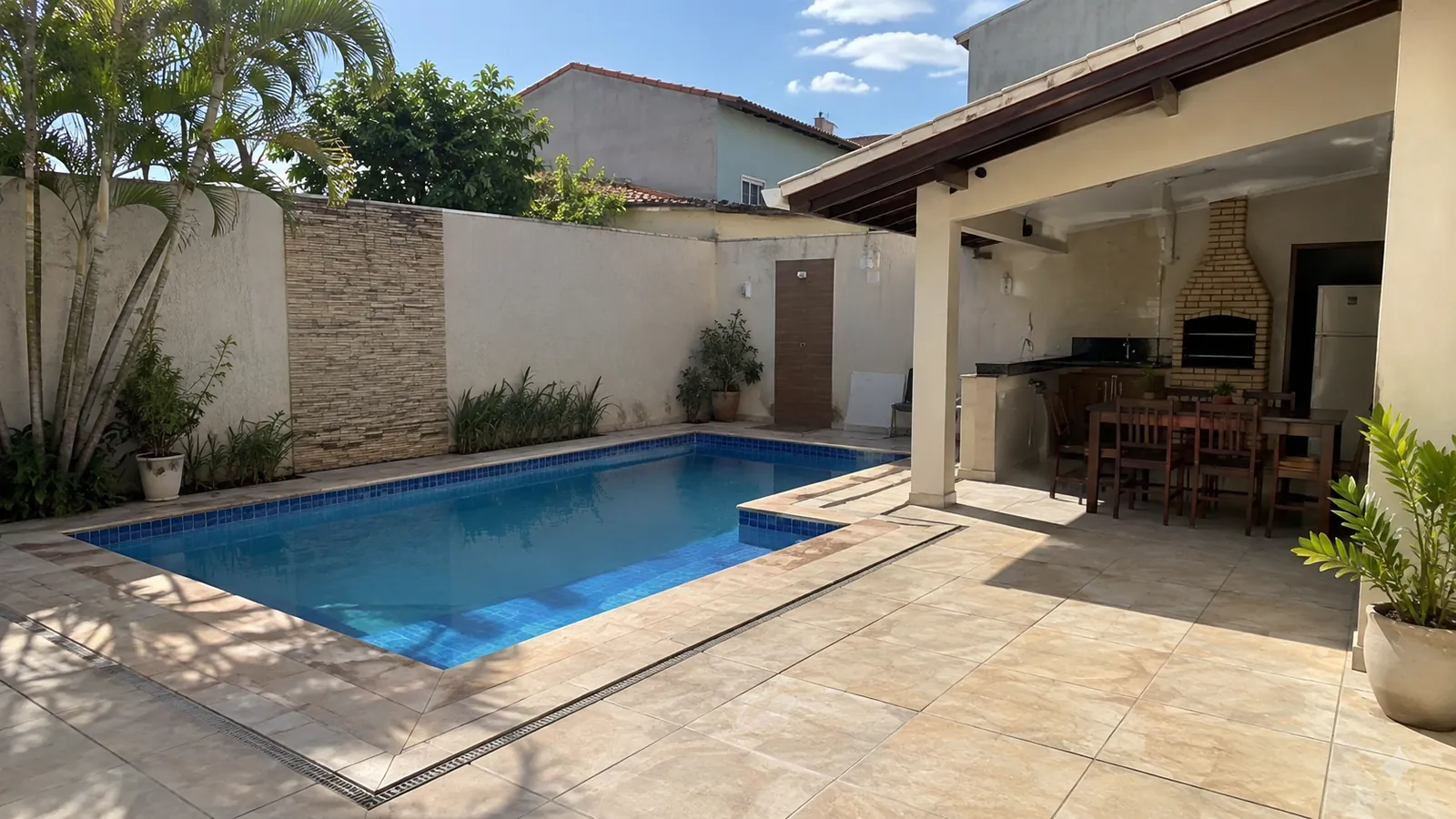 Área externa com piscina e piso limpo